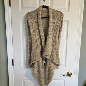 Cache Cardigan Sweater Womens Size Large Beige Open Waterfall Knit Cascading